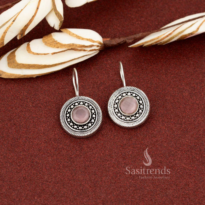 Sasitrends simple oxidised silver plated pink round stone earrings for daily and office wear