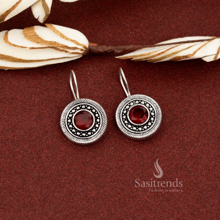 Sasitrends simple oxidised silver plated red round stone earrings for daily and office wear