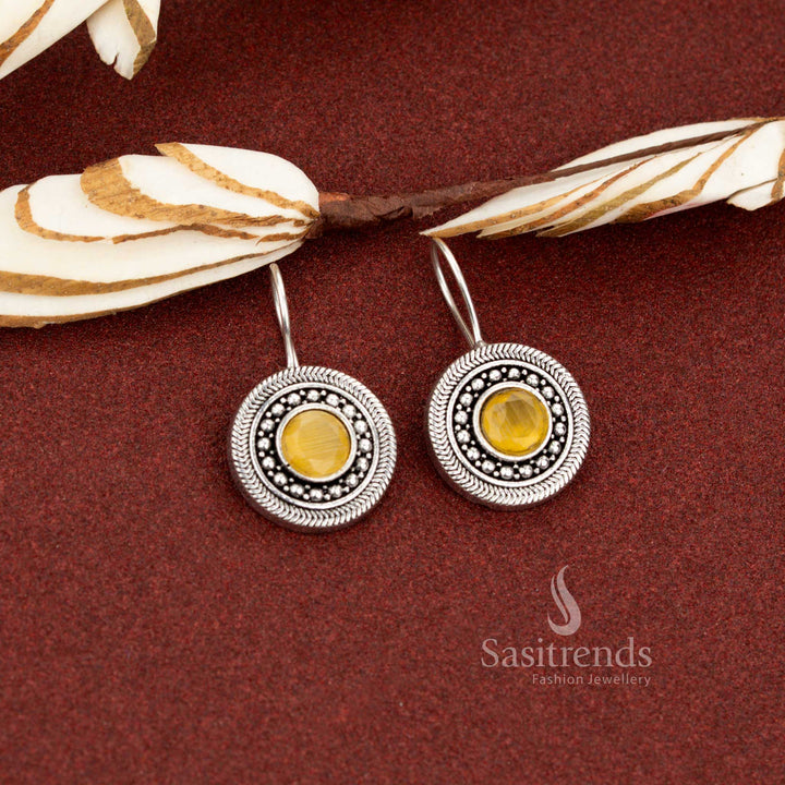 Sasitrends simple oxidised silver plated yellow round stone earrings for daily and office wear