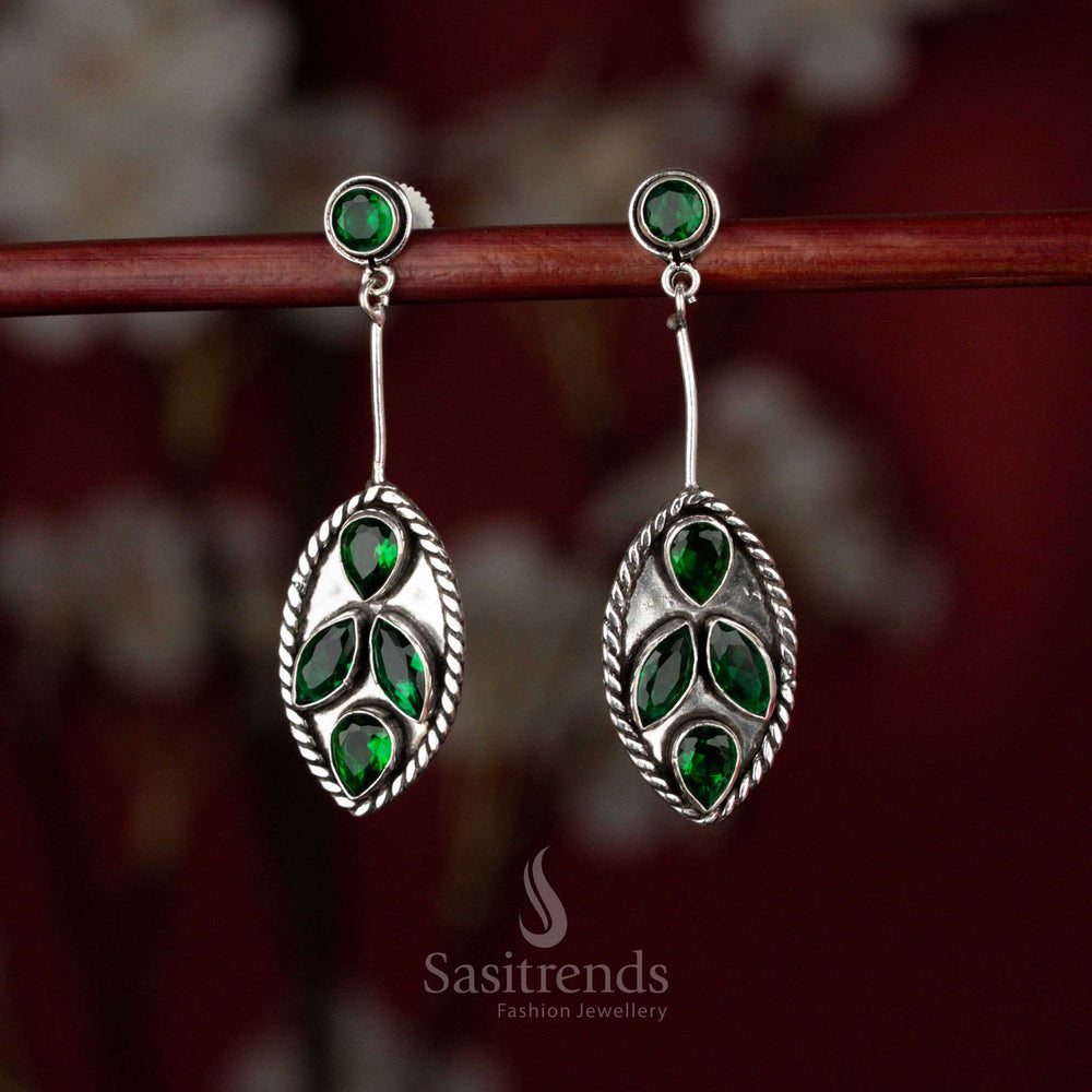 Oxidised silver oval foliage dangle earrings for office, brunch, and evening walks – Sasitrends 
