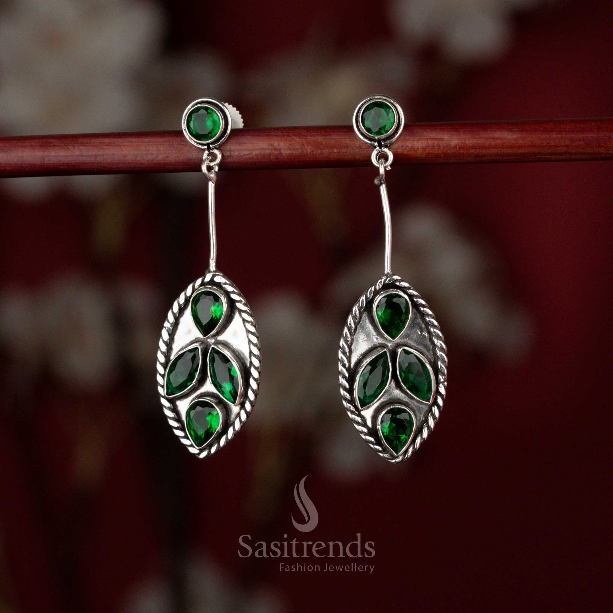 Oxidised silver oval foliage dangle earrings for office, brunch, and evening walks – Sasitrends 