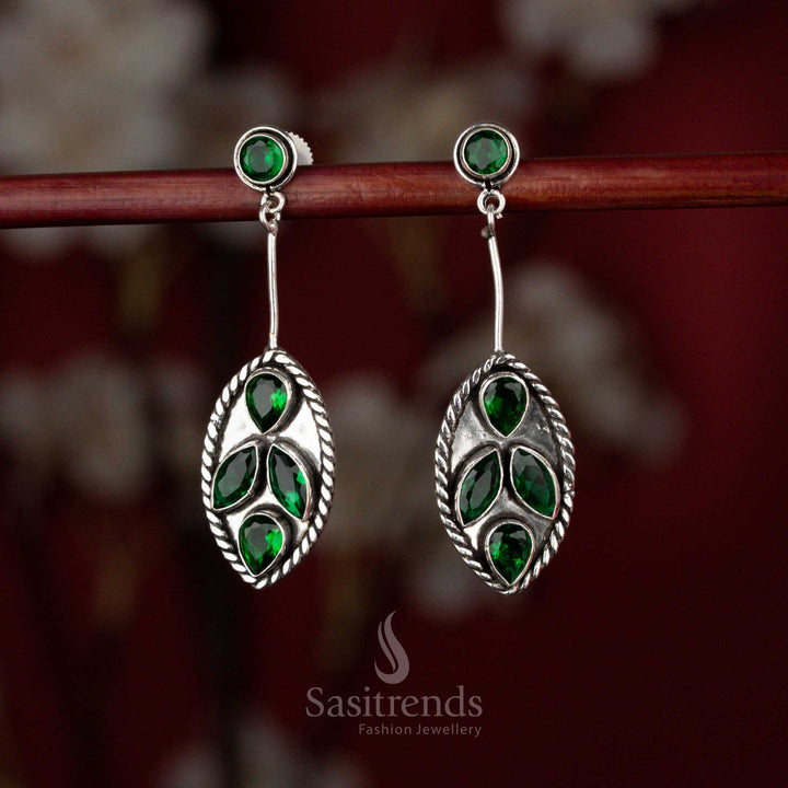 Oxidised silver oval foliage dangle earrings for office, brunch, and evening walks – Sasitrends 
