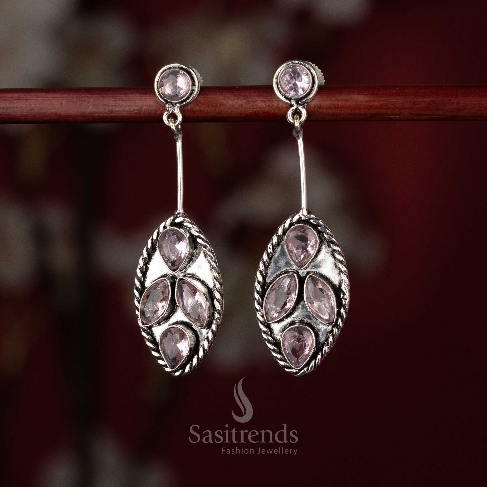 Pink Oxidised silver oval foliage dangle earrings for office, brunch, and evening walks – Sasitrends 