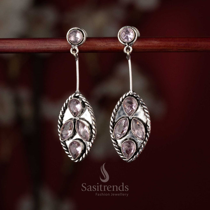 Pink Oxidised silver oval foliage dangle earrings for office, brunch, and evening walks – Sasitrends 