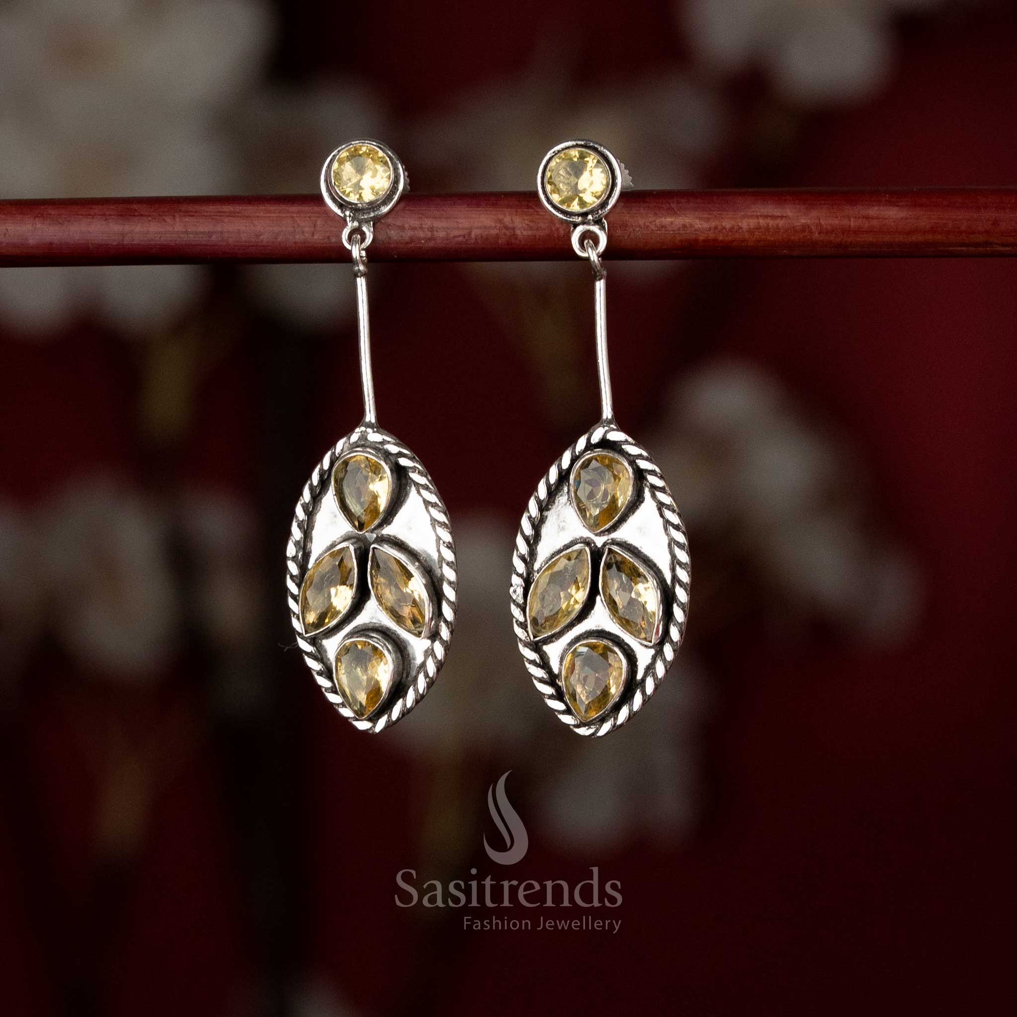 Yellow Oxidised silver oval foliage dangle earrings for office, brunch, and evening walks – Sasitrends
