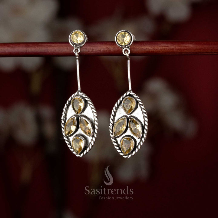 Yellow Oxidised silver oval foliage dangle earrings for office, brunch, and evening walks – Sasitrends