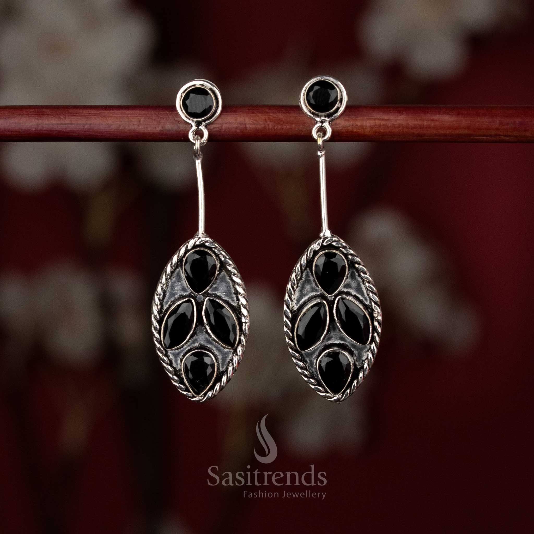 Black Oxidised silver oval foliage dangle earrings for office, brunch, and evening walks – Sasitrends
