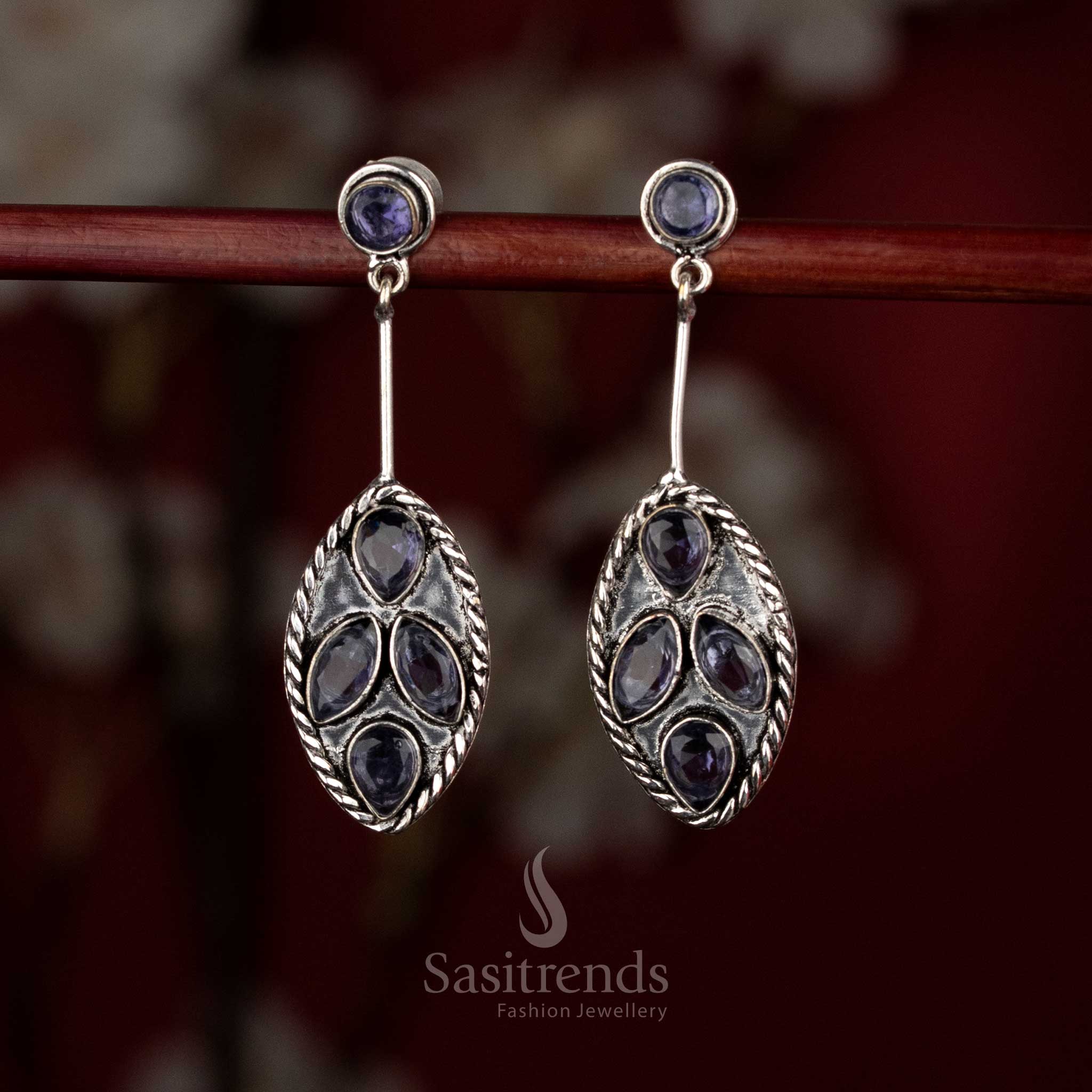 Purple Oxidised silver oval foliage dangle earrings for office, brunch, and evening walks – Sasitrends