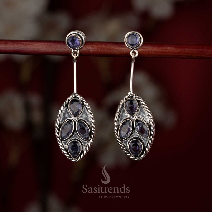 Purple Oxidised silver oval foliage dangle earrings for office, brunch, and evening walks – Sasitrends