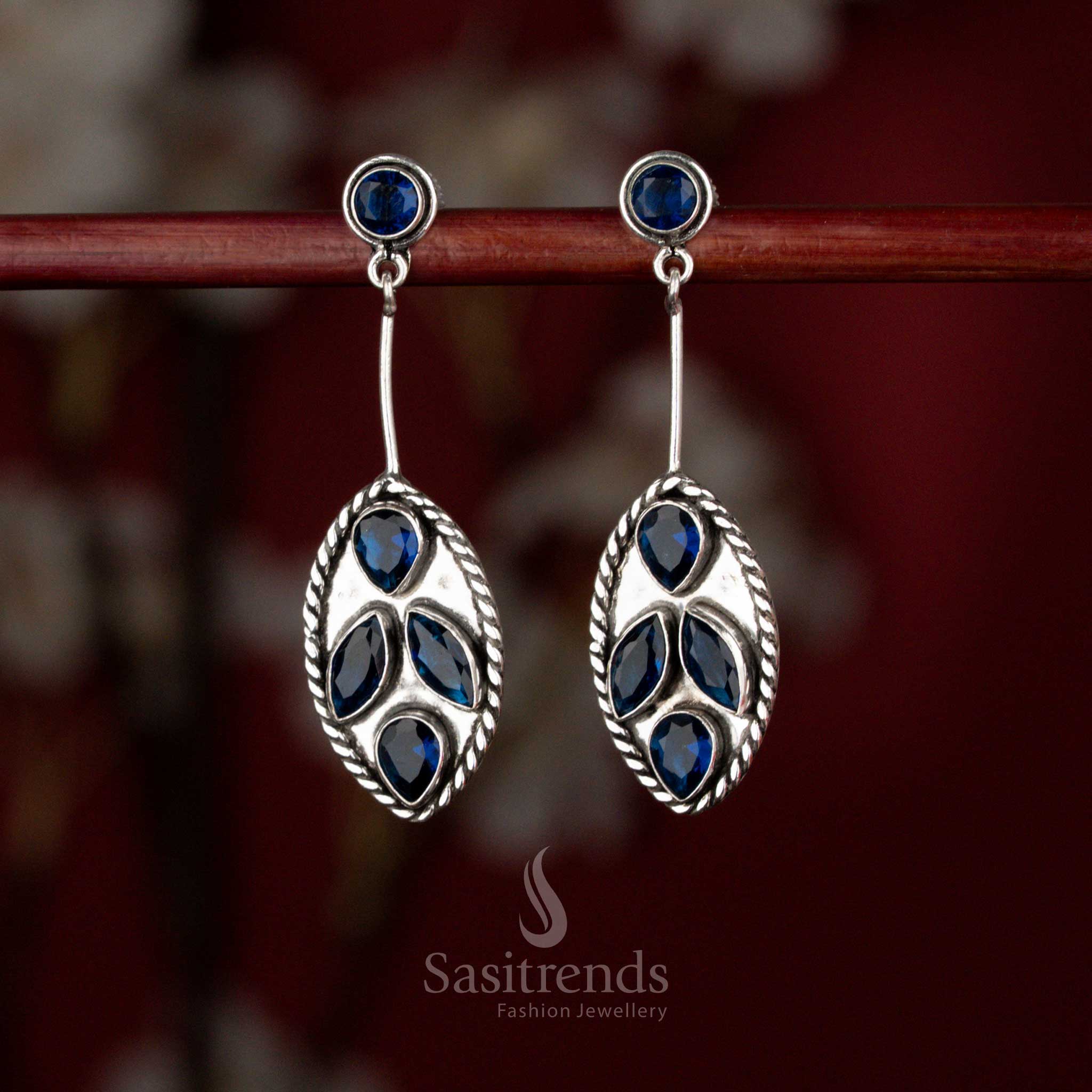 Blue Oxidised silver oval foliage dangle earrings for office, brunch, and evening walks – Sasitrends