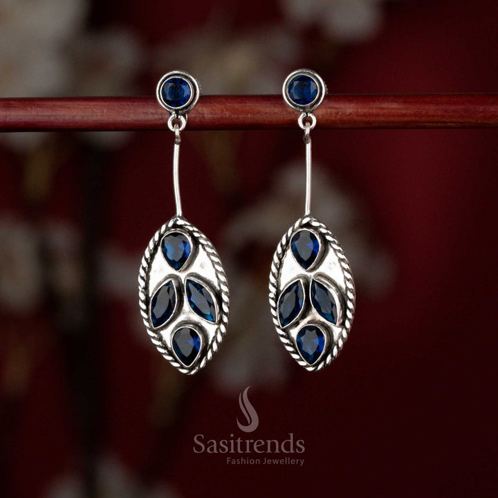 Blue Oxidised silver oval foliage dangle earrings for office, brunch, and evening walks – Sasitrends