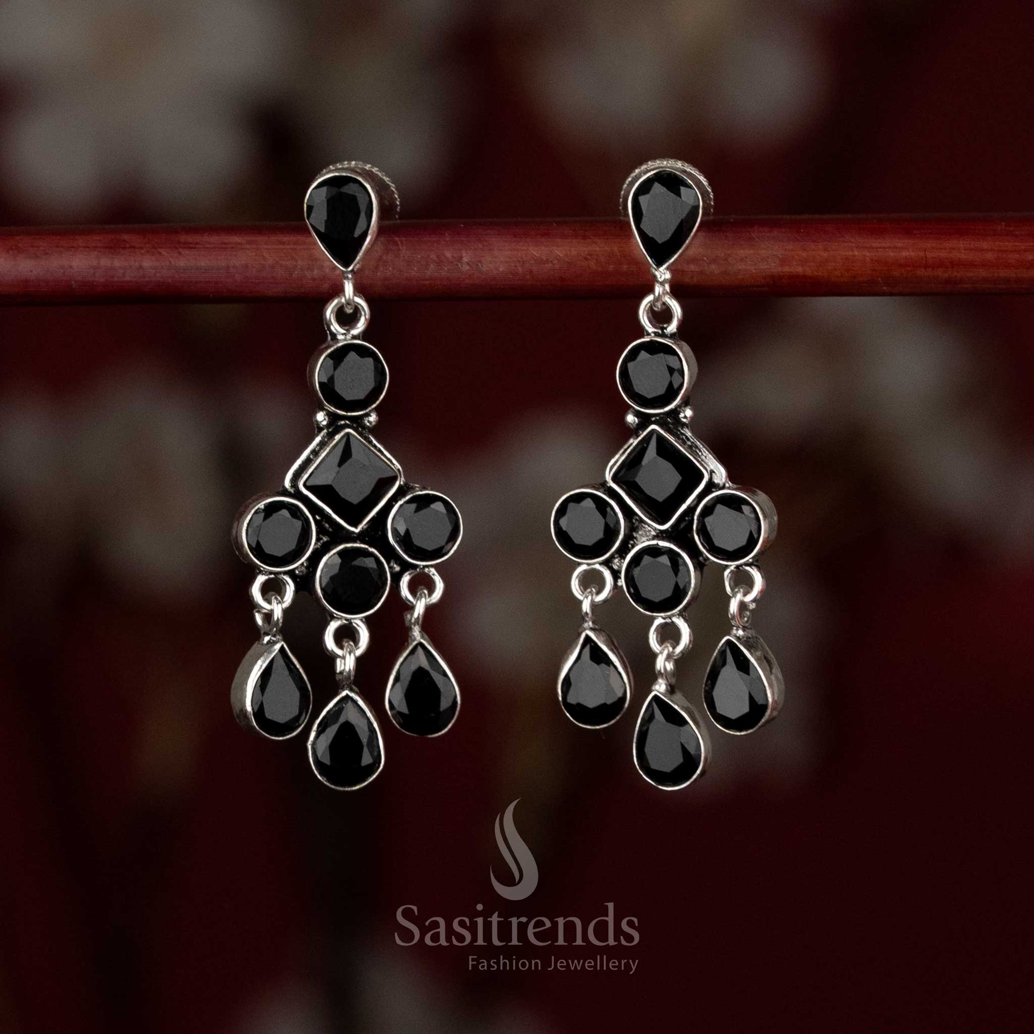 Sasitrends oxidised silver plated black stone layered drop earrings with geometric framing and cascading design 