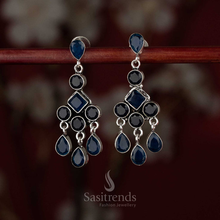 Sasitrends oxidised silver plated dark blue stone layered drop earrings with geometric framing and cascading design  