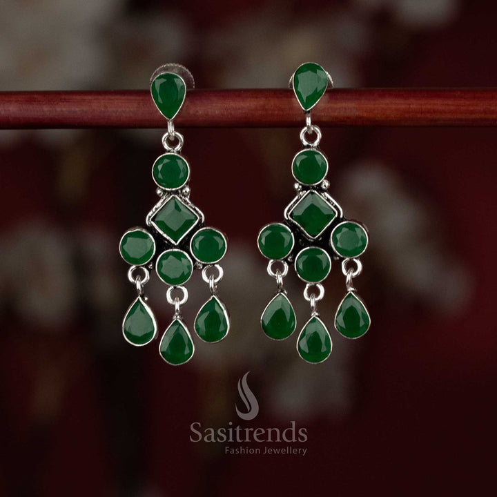 Sasitrends oxidised silver plated dark green stone layered drop earrings with geometric framing and cascading design  