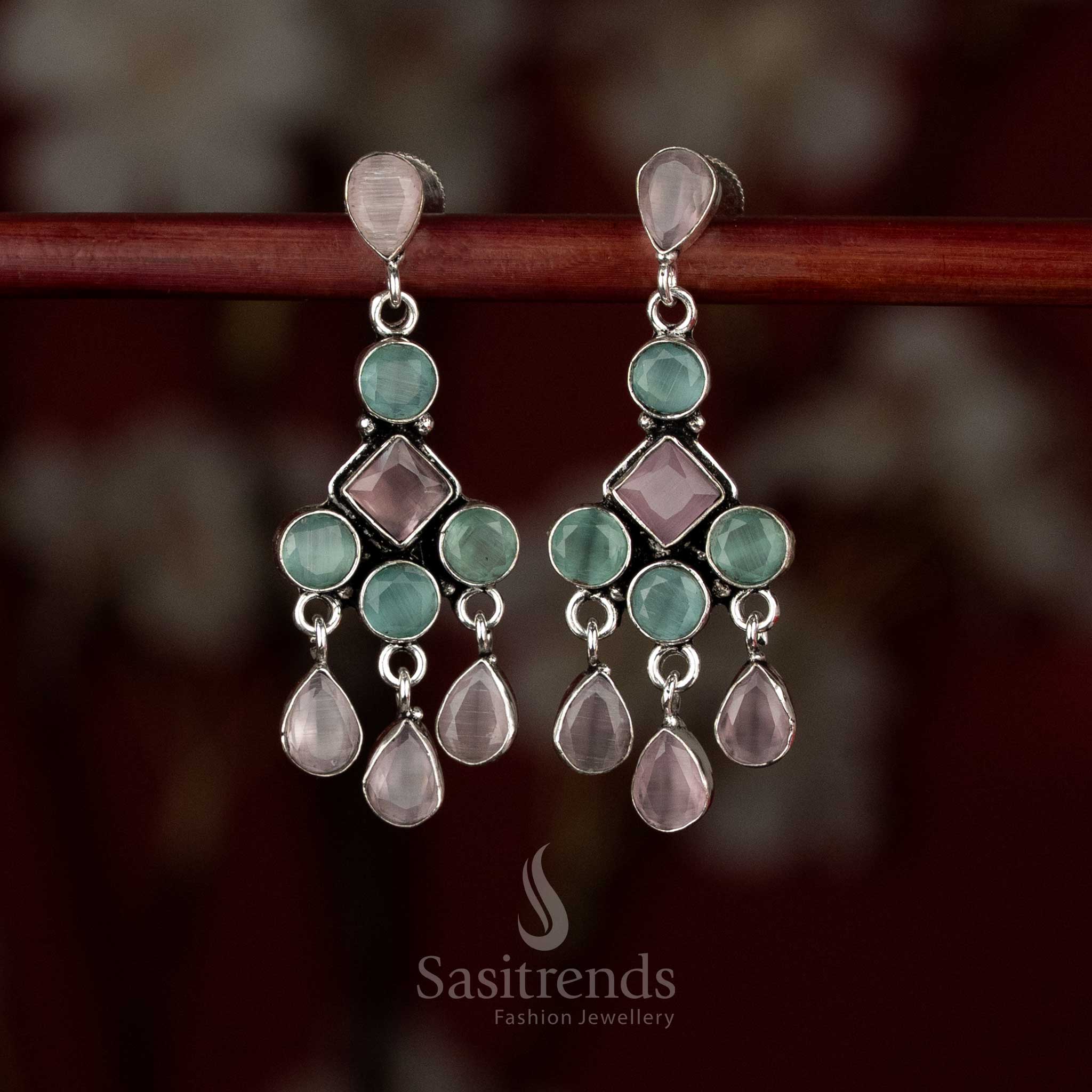  Sasitrends oxidised silver plated pink mint stone layered drop earrings with geometric framing and cascading design  