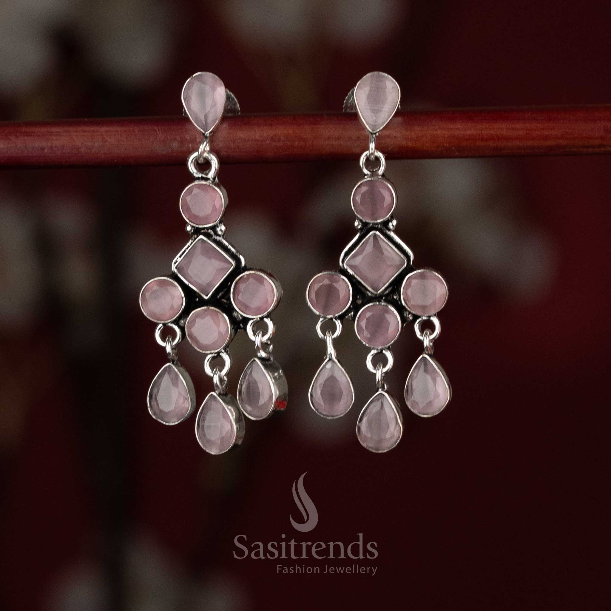 Sasitrends oxidised silver plated pink stone layered drop earrings with geometric framing and cascading design  