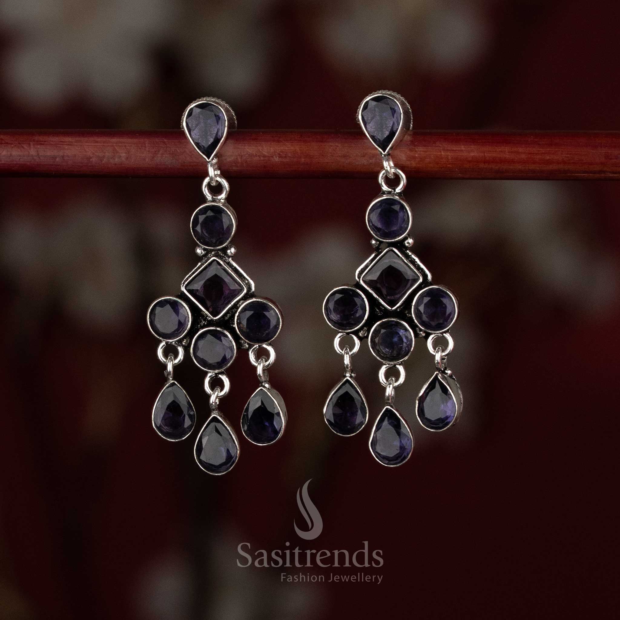  Sasitrends oxidised silver plated PURPLE stone layered drop earrings with geometric framing and cascading design  