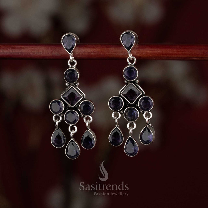  Sasitrends oxidised silver plated PURPLE stone layered drop earrings with geometric framing and cascading design  