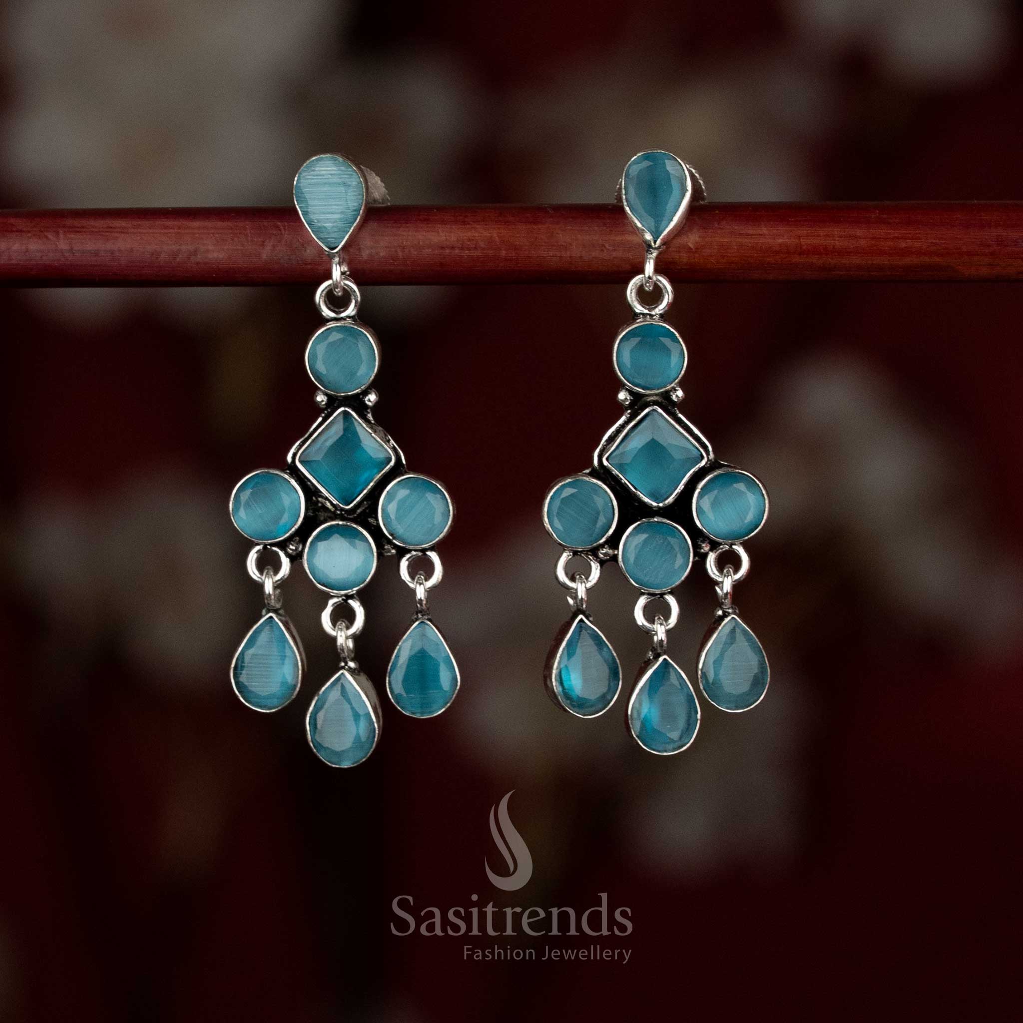 Sasitrends oxidised silver plated sky blue stone layered drop earrings with geometric framing and cascading design   