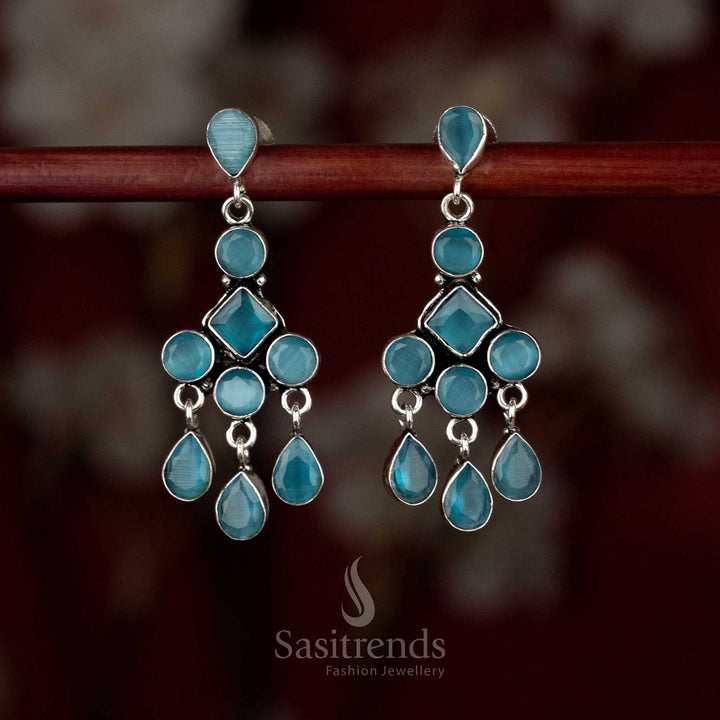 Sasitrends oxidised silver plated sky blue stone layered drop earrings with geometric framing and cascading design   
