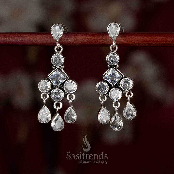 Sasitrends oxidised silver plated white stone layered drop earrings with geometric framing and cascading design  