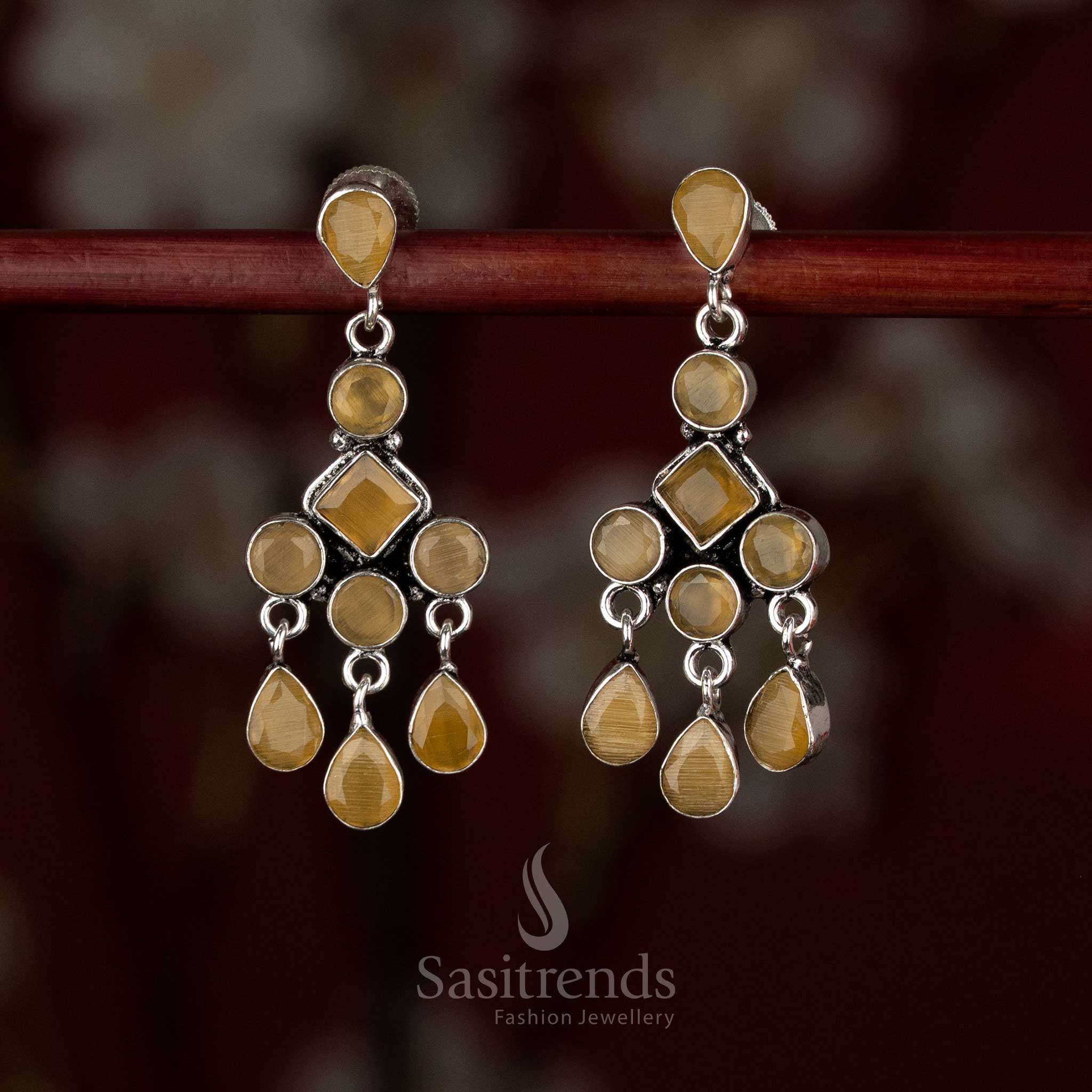 Sasitrends oxidised silver plated yellow stone layered drop earrings with geometric framing and cascading design  