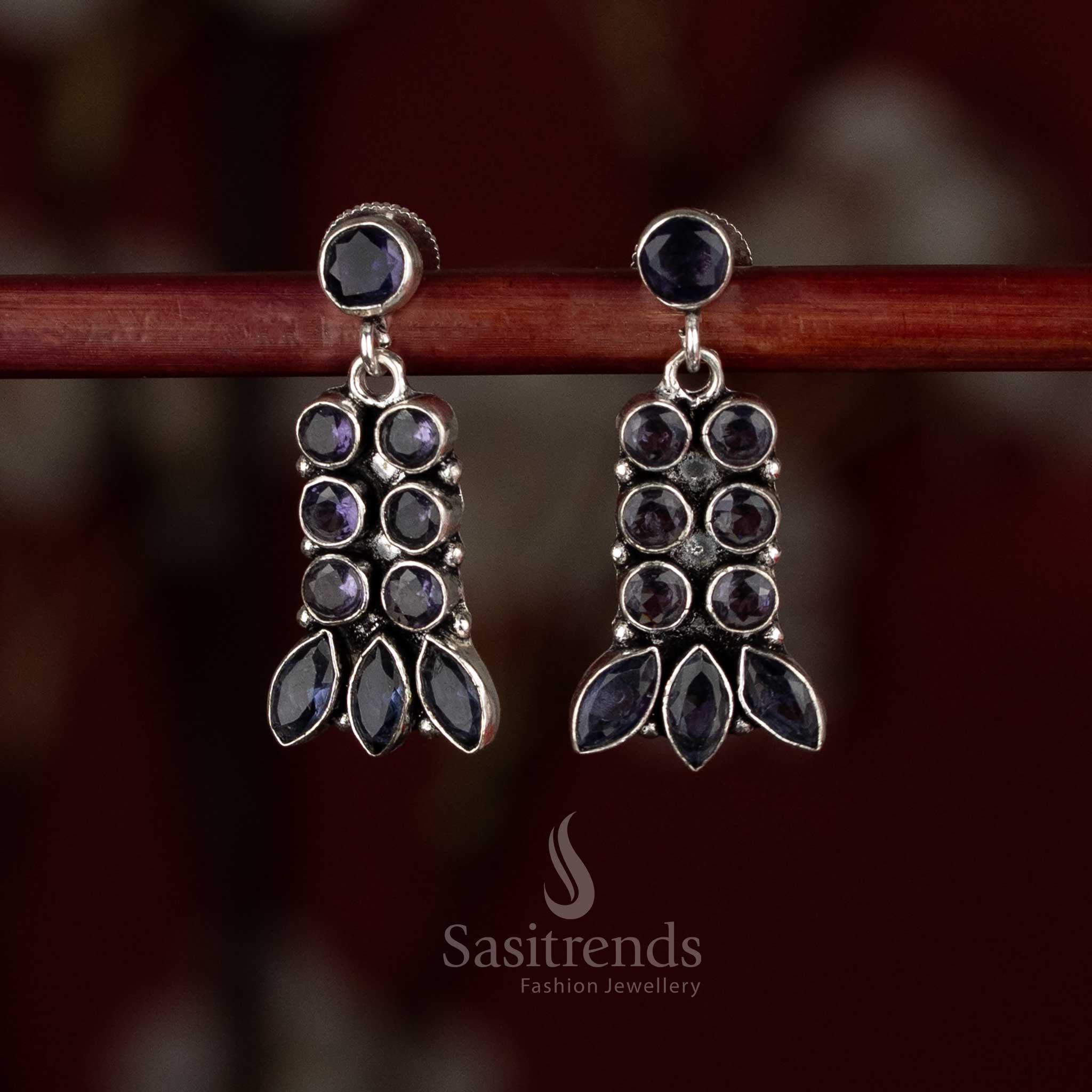 Sasitrends oxidised silver plated layered drop PURPLE stone earrings with multi-setting arrangement and leaf-inspired finish