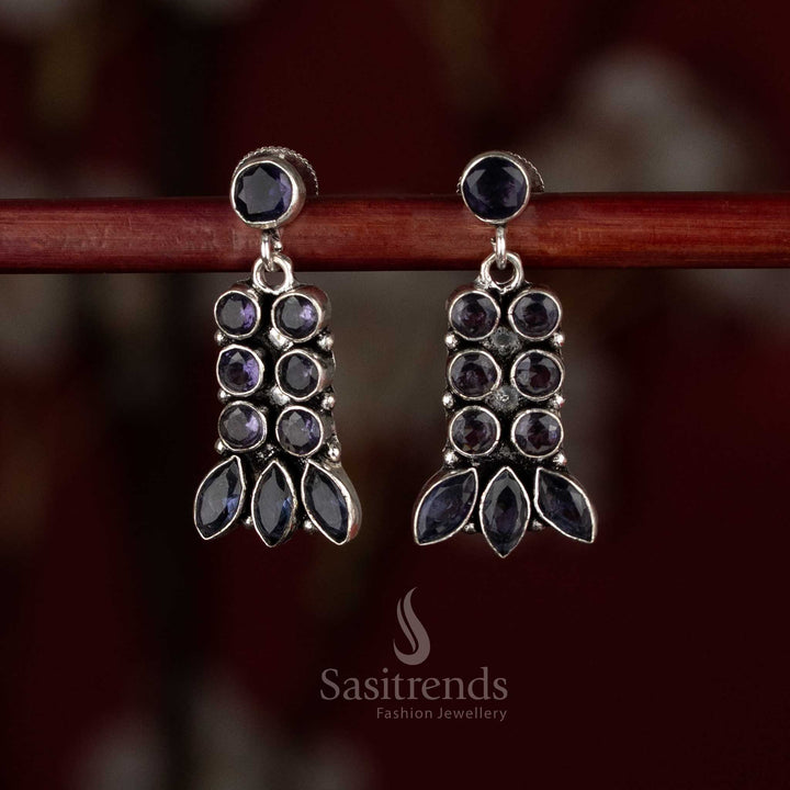 Sasitrends oxidised silver plated layered drop PURPLE stone earrings with multi-setting arrangement and leaf-inspired finish