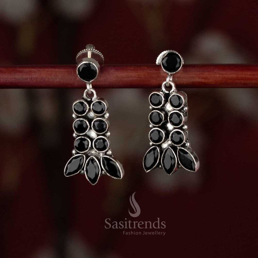 Sasitrends oxidised silver plated layered drop black stone earrings with multi-setting arrangement and leaf-inspired finish