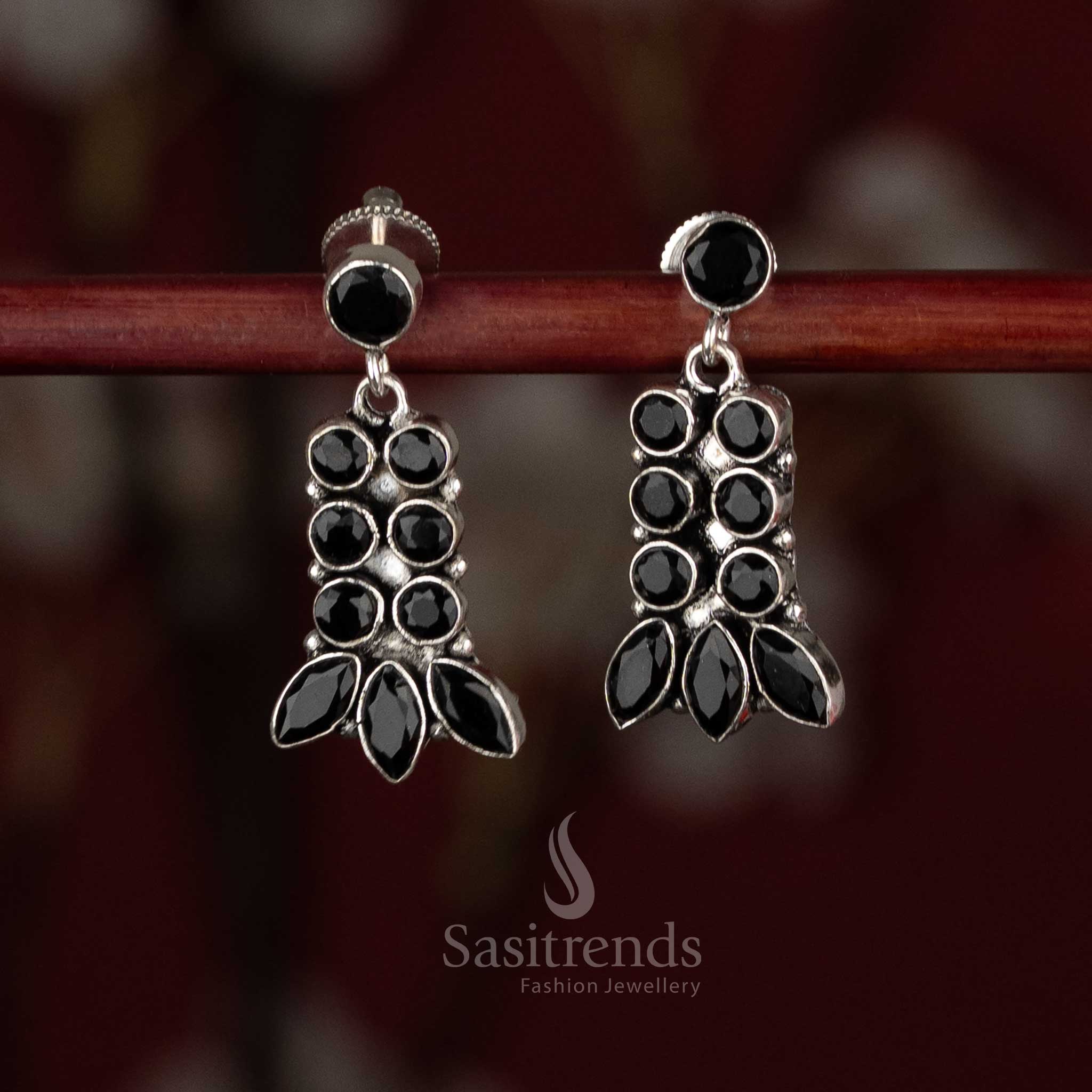 Sasitrends oxidised silver plated layered drop black stone earrings with multi-setting arrangement and leaf-inspired finish