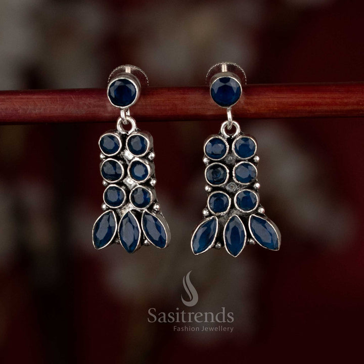Sasitrends oxidised silver plated layered drop blue stone earrings with multi-setting arrangement and leaf-inspired finish