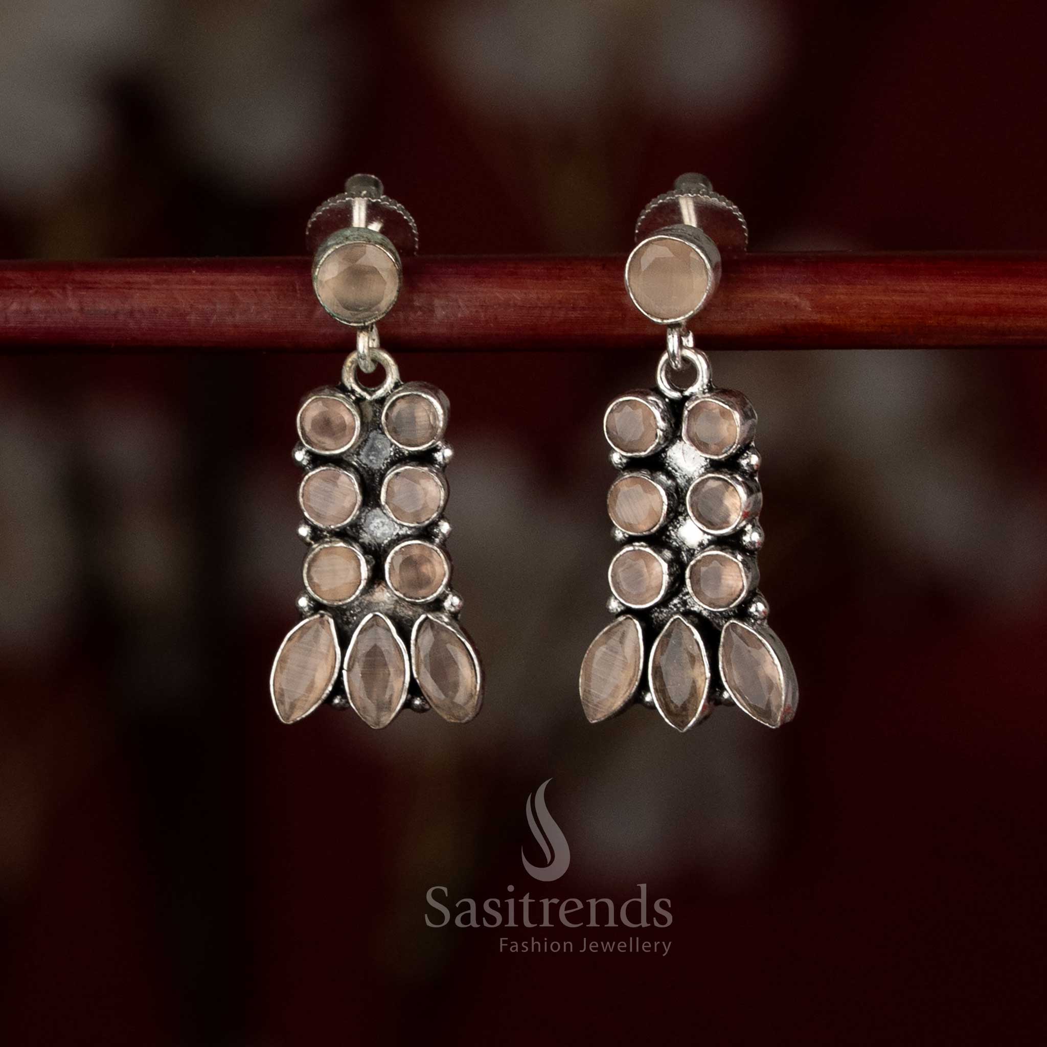 Sasitrends oxidised silver plated layered drop brown stone earrings with multi-setting arrangement and leaf-inspired finish