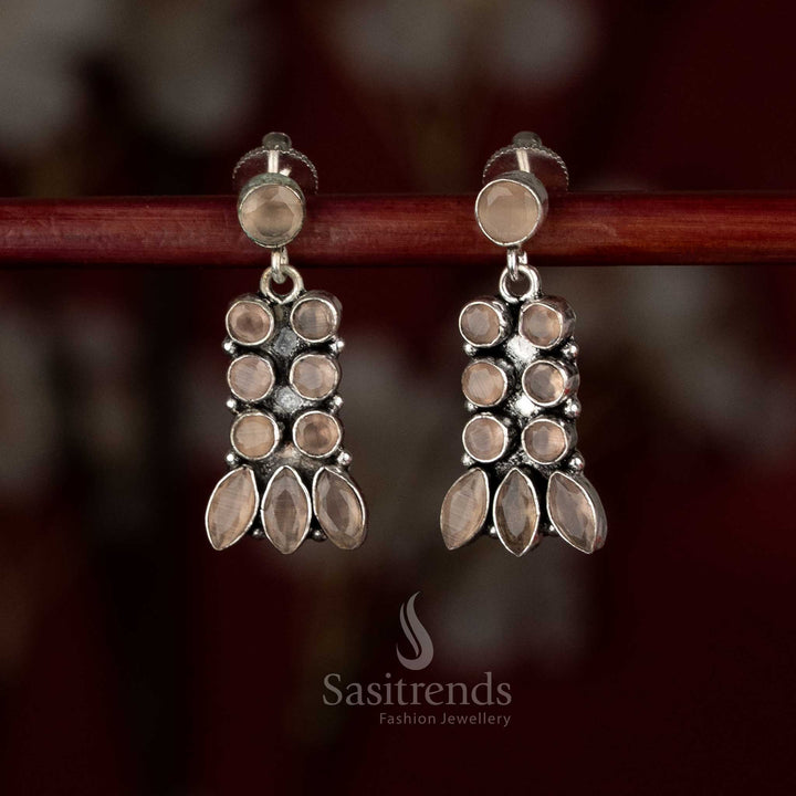 Sasitrends oxidised silver plated layered drop brown stone earrings with multi-setting arrangement and leaf-inspired finish