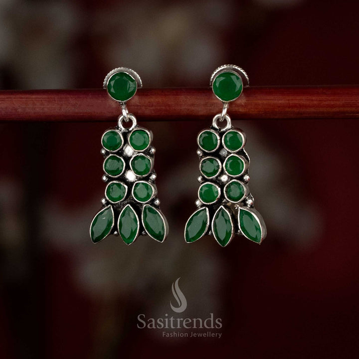 Sasitrends oxidised silver plated layered drop green stone earrings with multi-setting arrangement and leaf-inspired finish 