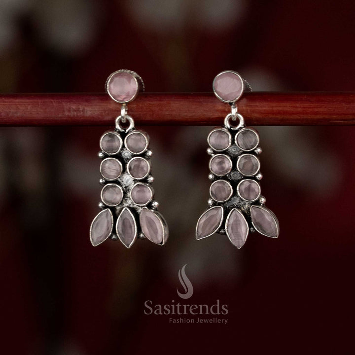 Sasitrends oxidised silver plated layered drop pink stone earrings with multi-setting arrangement and leaf-inspired finish 