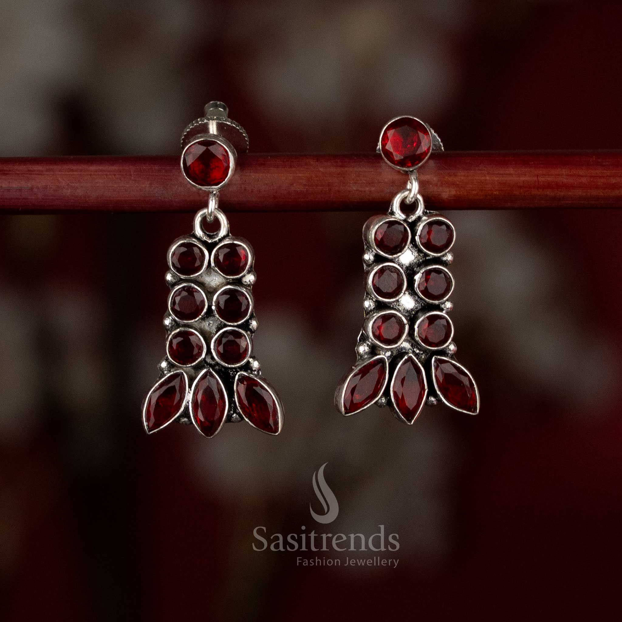 Sasitrends oxidised silver plated layered drop red stone earrings with multi-setting arrangement and leaf-inspired finish 