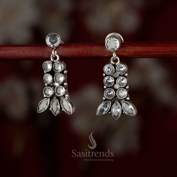 Sasitrends oxidised silver plated layered drop white stone earrings with multi-setting arrangement and leaf-inspired finish