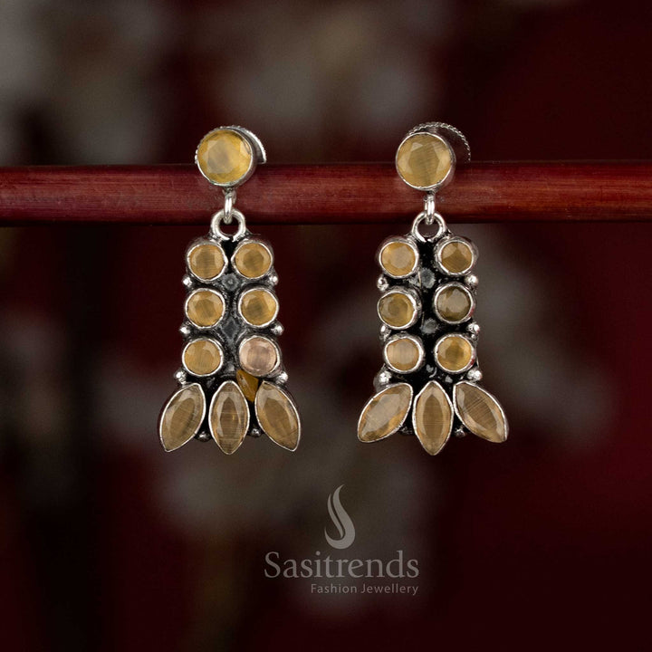 Sasitrends oxidised silver plated layered drop yellow stone earrings with multi-setting arrangement and leaf-inspired finish