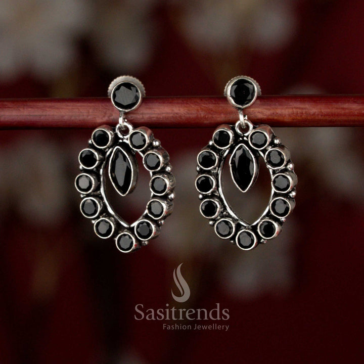 Black Oxidised silver oval halo pendulum earrings for coffee dates, casual dinners, and evening walks – Sasitrends