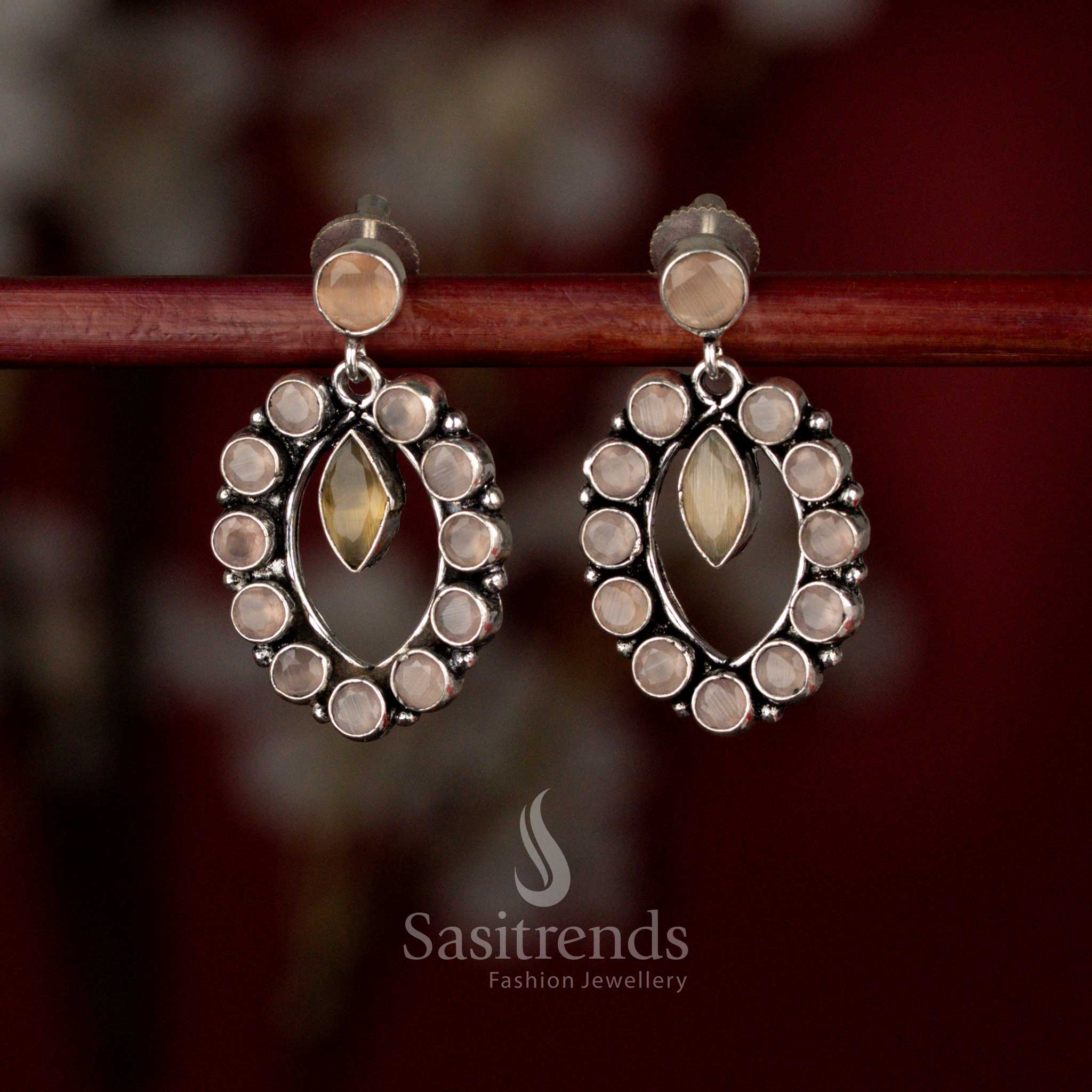 Brown Oxidised silver oval halo pendulum earrings for coffee dates, casual dinners, and evening walks – Sasitrends