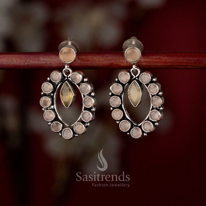 Brown Oxidised silver oval halo pendulum earrings for coffee dates, casual dinners, and evening walks – Sasitrends