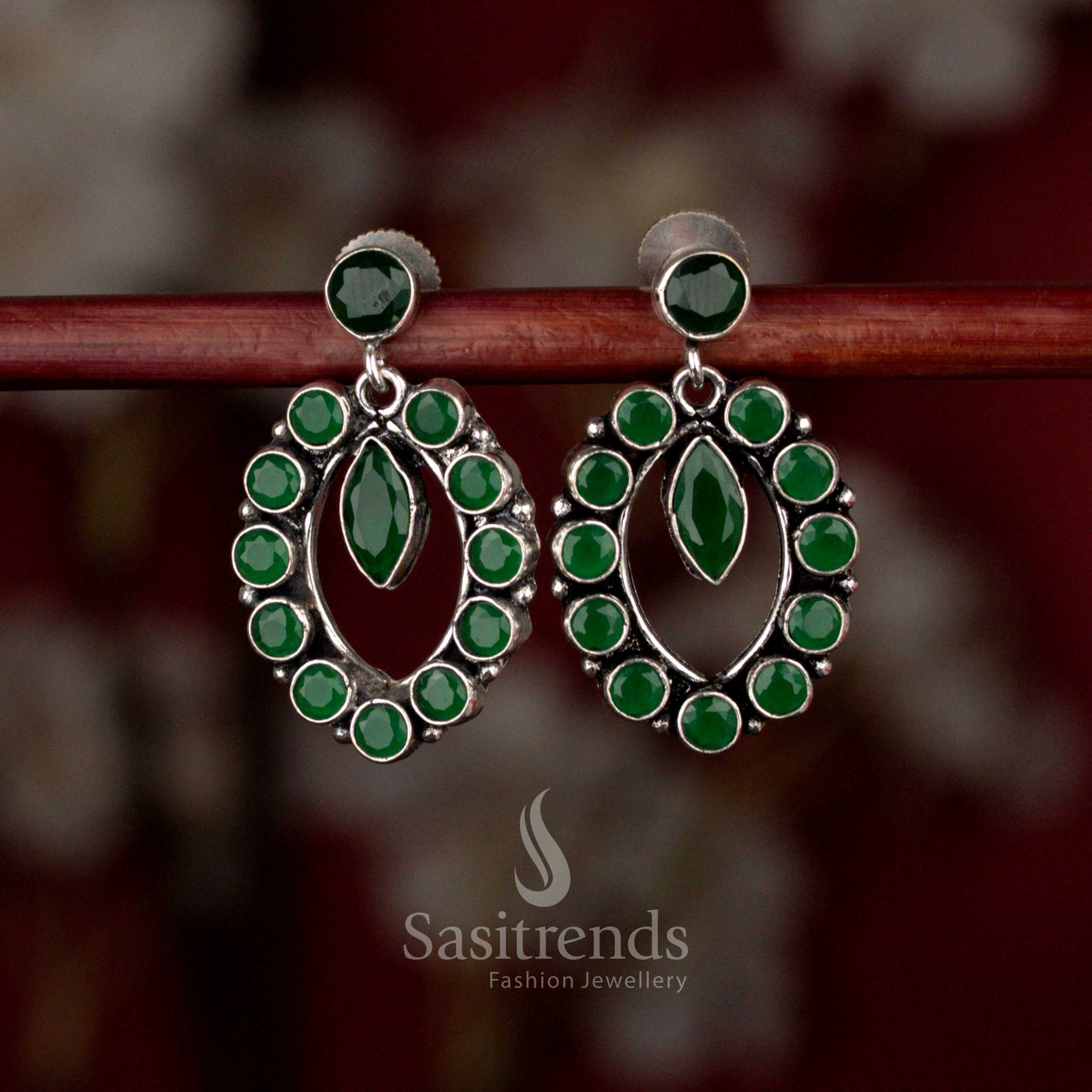 Green Oxidised silver oval halo pendulum earrings for coffee dates, casual dinners, and evening walks – Sasitrends