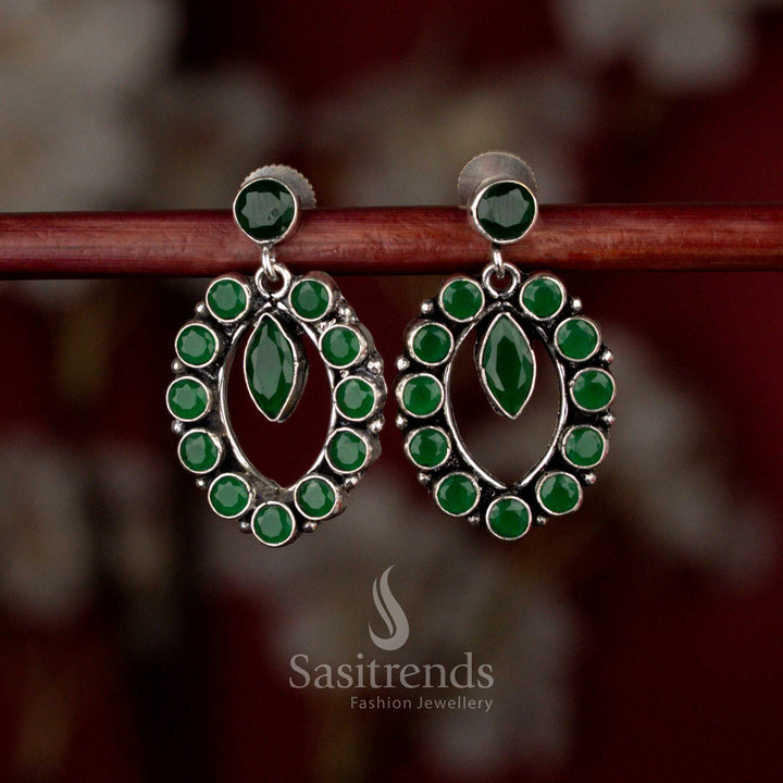 Green Oxidised silver oval halo pendulum earrings for coffee dates, casual dinners, and evening walks – Sasitrends