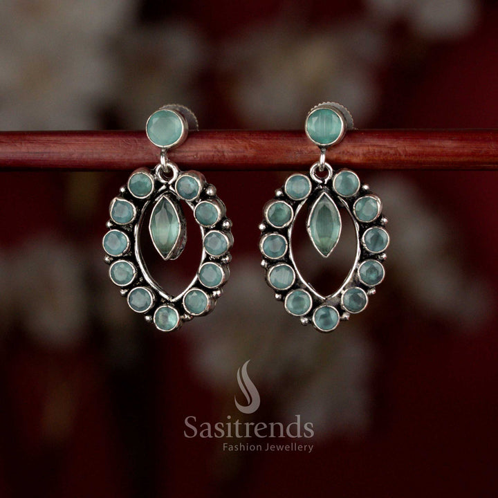 Mint Oxidised silver oval halo pendulum earrings for coffee dates, casual dinners, and evening walks – Sasitrends