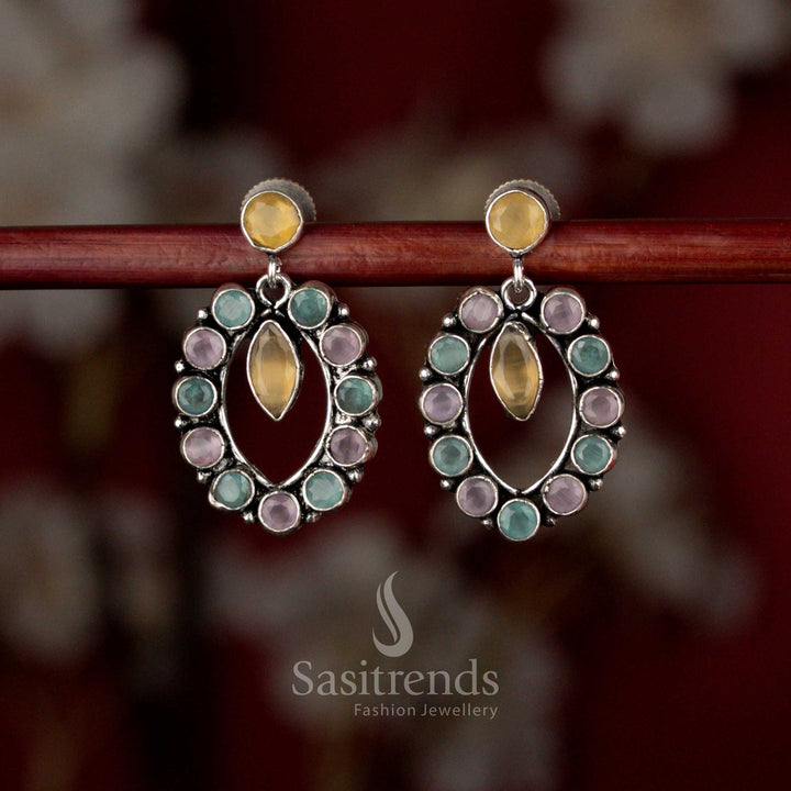 Pink Mint Yellow Oxidised silver oval halo pendulum earrings for coffee dates, casual dinners, and evening walks – Sasitrends