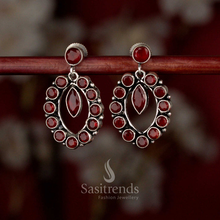 Red Oxidised silver oval halo pendulum earrings for coffee dates, casual dinners, and evening walks – Sasitrends