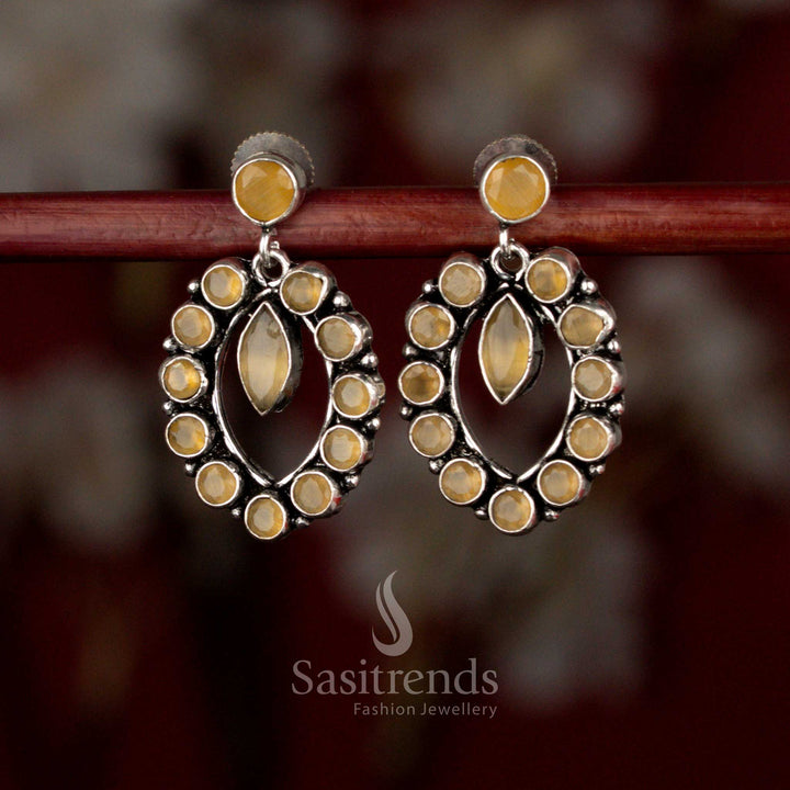 Yellow Oxidised silver oval halo pendulum earrings for coffee dates, casual dinners, and evening walks – Sasitrends
