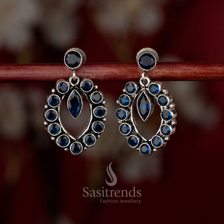 Blue Oxidised silver oval halo pendulum earrings for coffee dates, casual dinners, and evening walks – Sasitrends