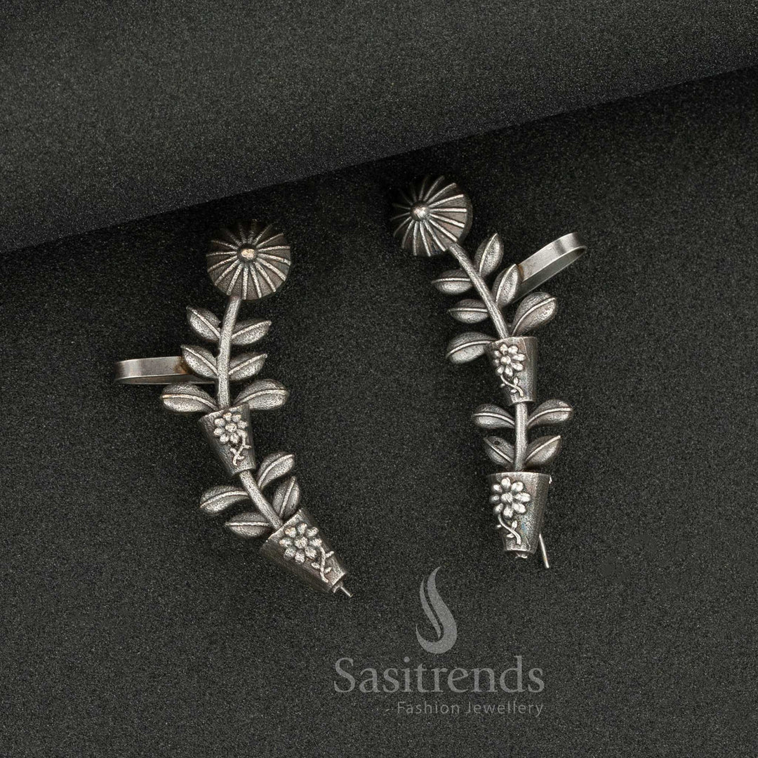 Ear Cuff Earrings Floral Ear Climbers Antique Oxidised Silver Look