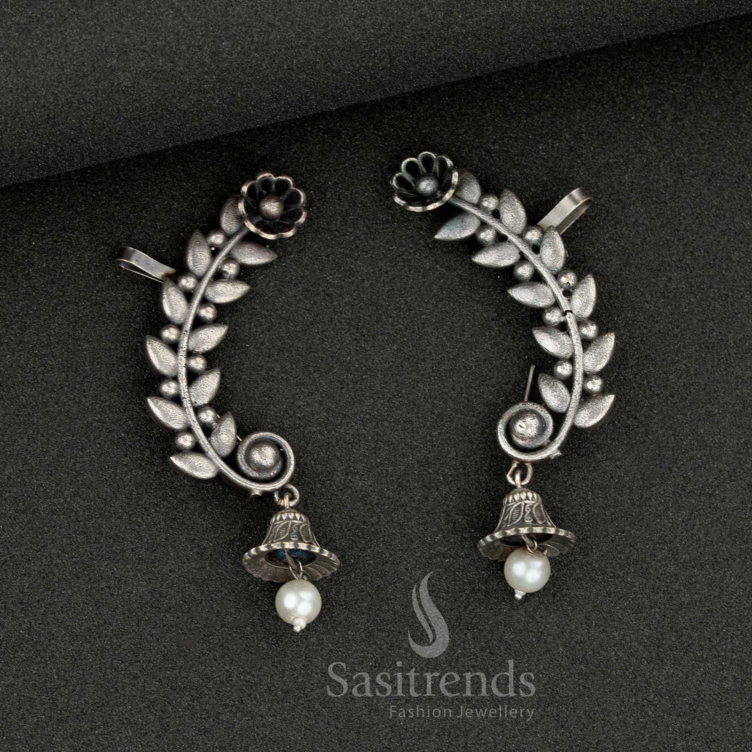 Floral vine oxidised ear cuff with pearl drop - Sasitrends